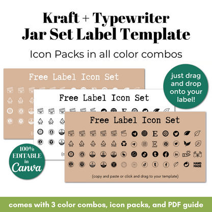 Kraft and typewriter jar set label template with icon packs and editable features.