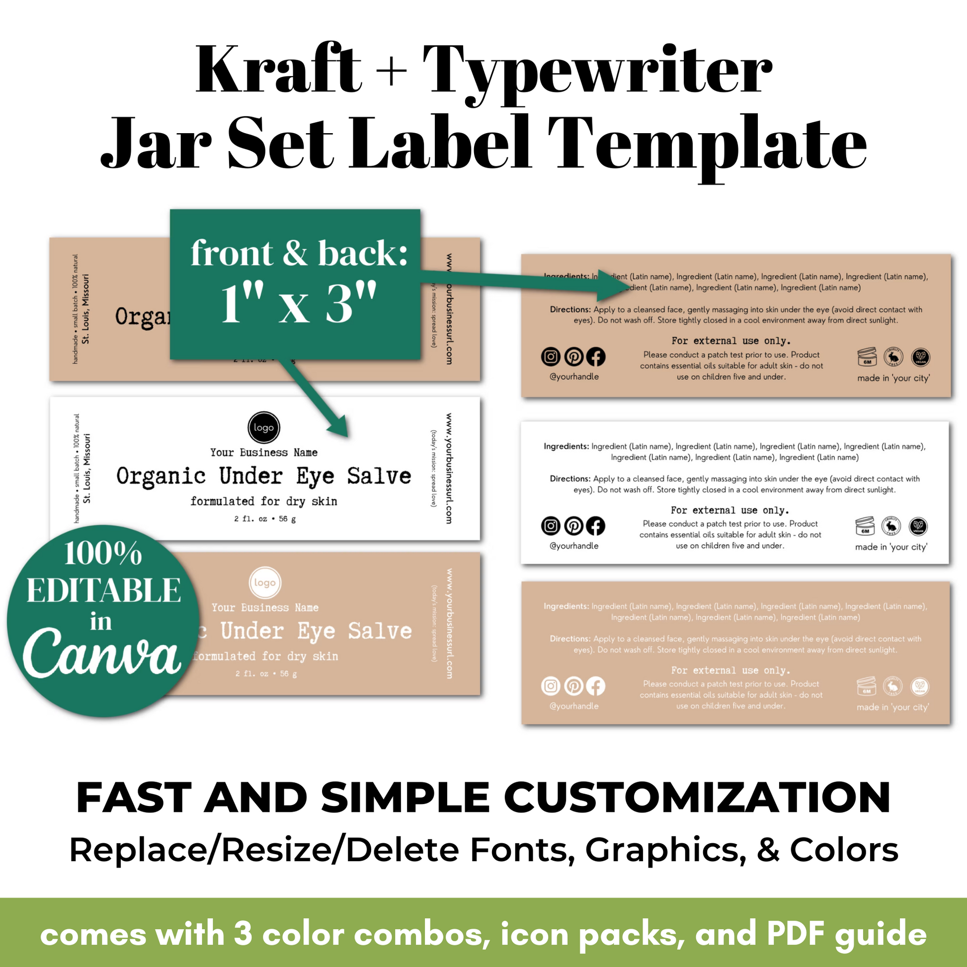 Kraft and typewriter jar set label template with customizable features on a white background.