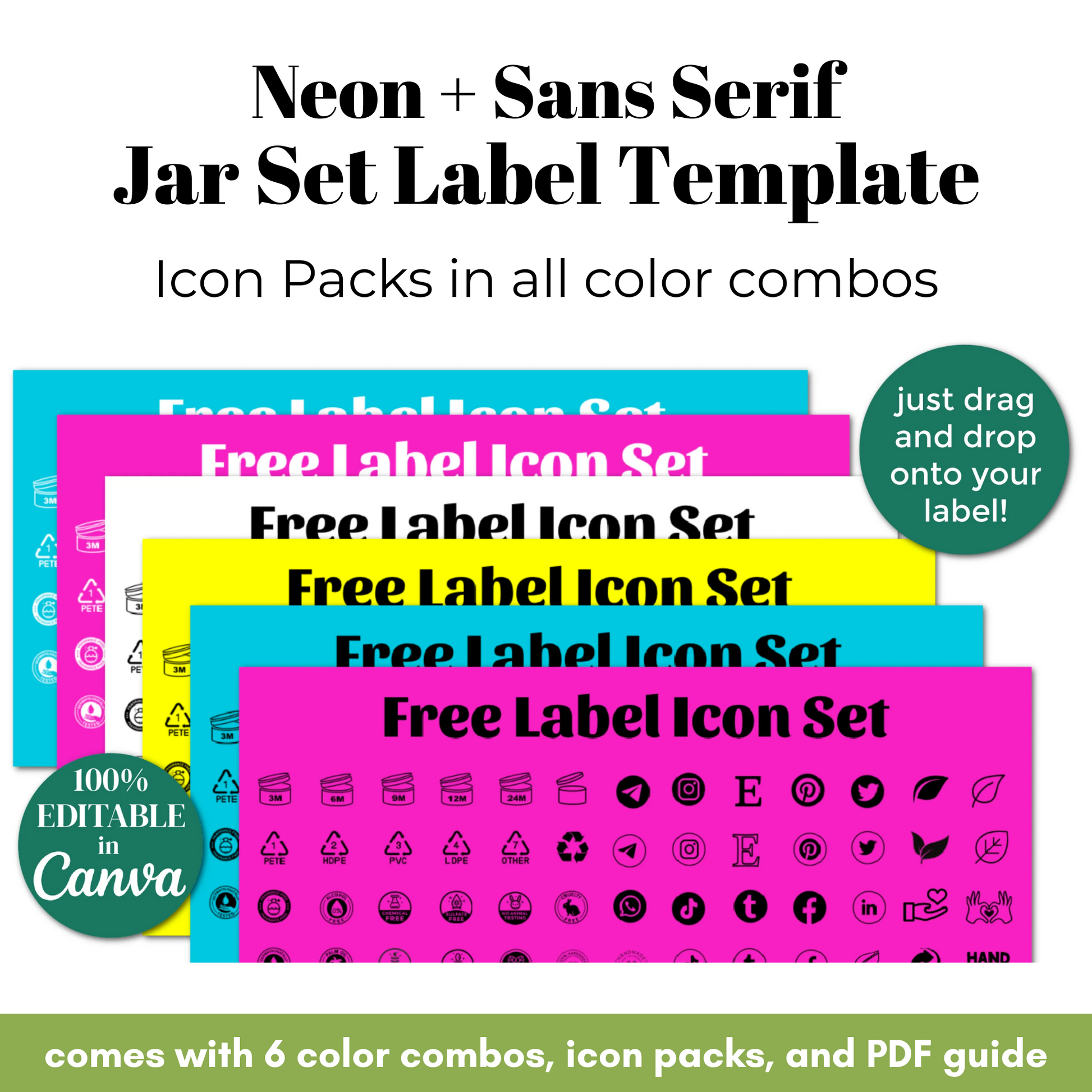 Neon and sans-serif jar set label template with icon packs and PDF guide.