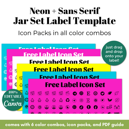 Neon and sans-serif jar set label template with icon packs and PDF guide.