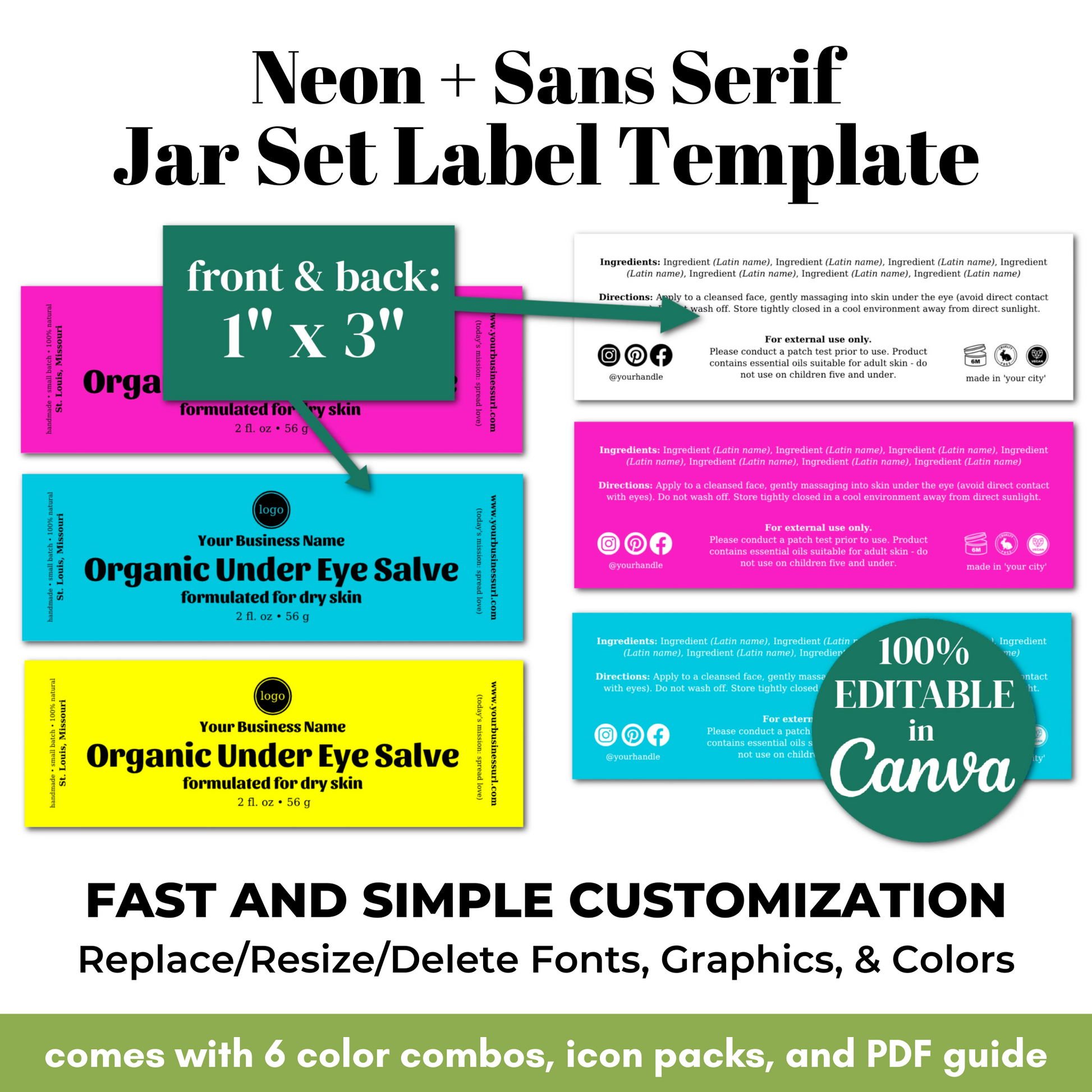 Neon and sans-serif jar set label template with customizable features on a white background.