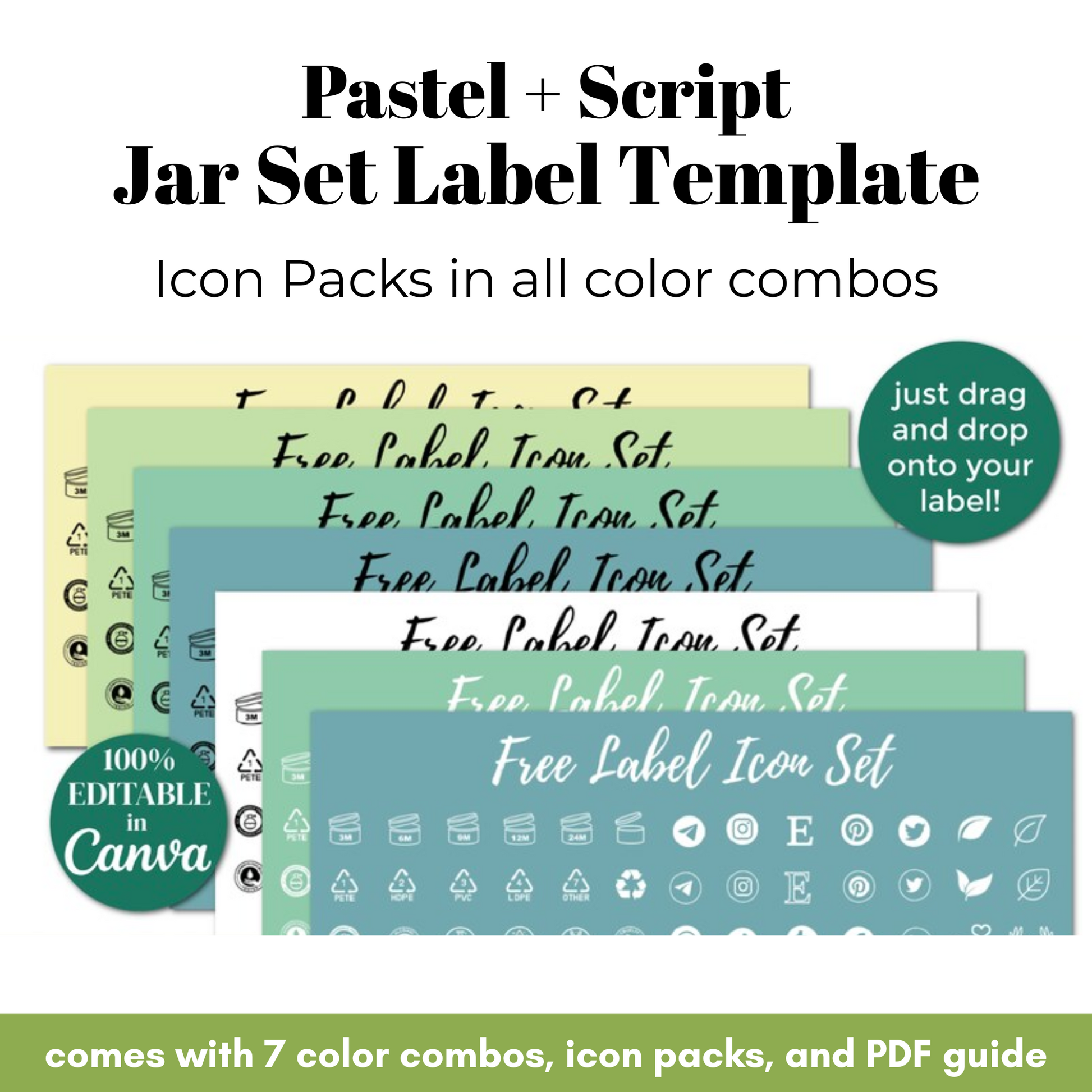 Pastel and script jar set label template with icon packs and PDF guide on a white background.