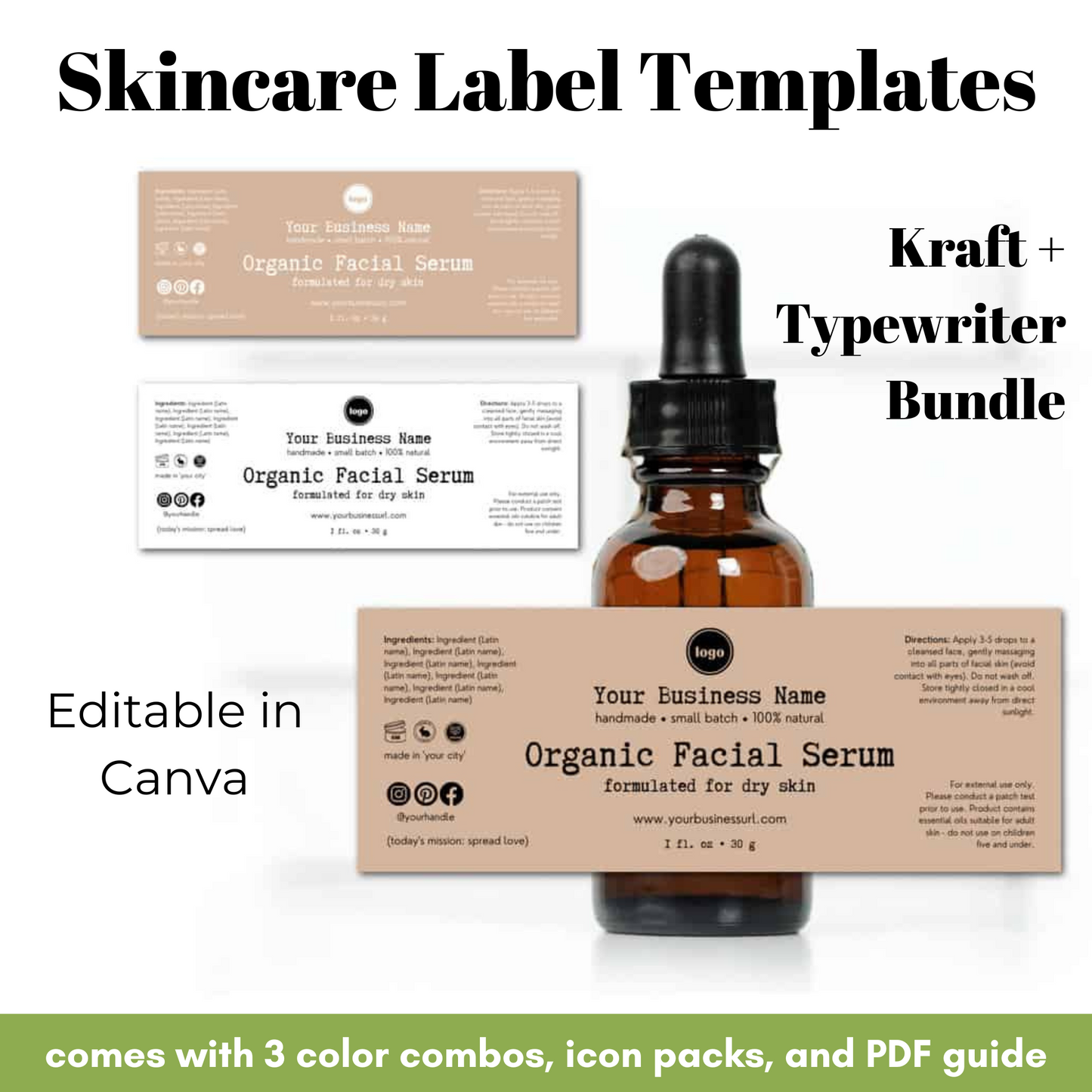 Skincare label templates with a bottle and labels on a white background