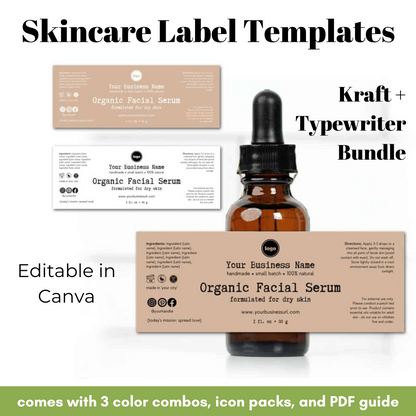 Skincare label templates with a bottle and labels on a white background