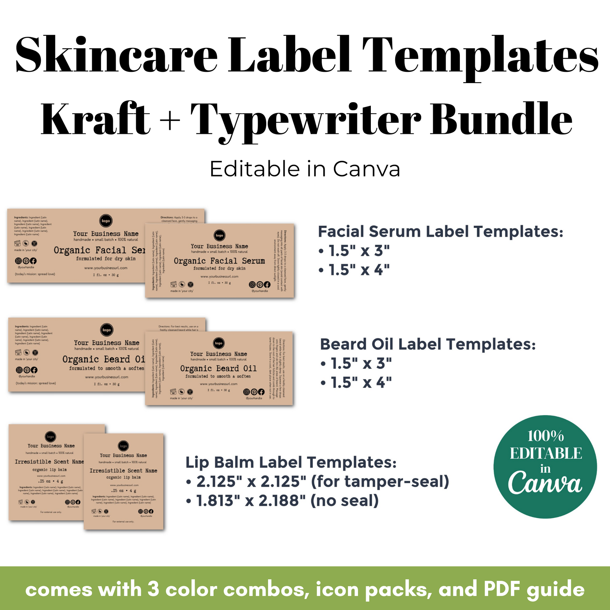 Skincare label templates with Kraft and Typewriter bundle description on a white background