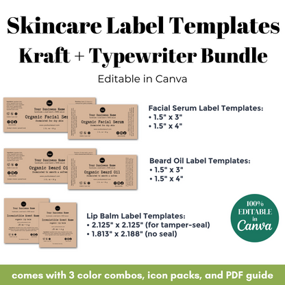 Skincare label templates with Kraft and Typewriter bundle description on a white background