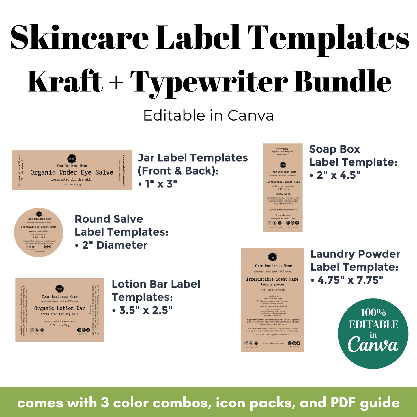 Skincare label templates with various shapes and sizes on a white background, featuring text about Canva editing capabilities.