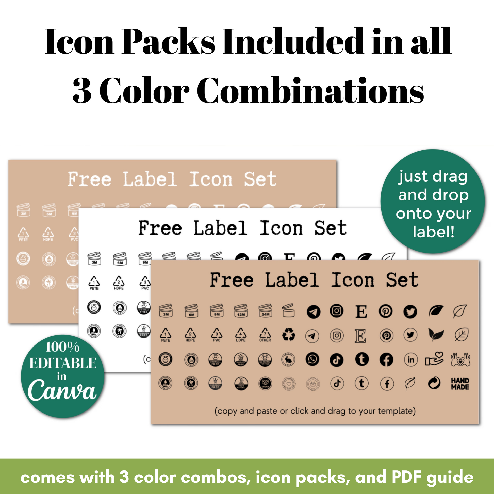 Free label icon set with three color combinations on a white background