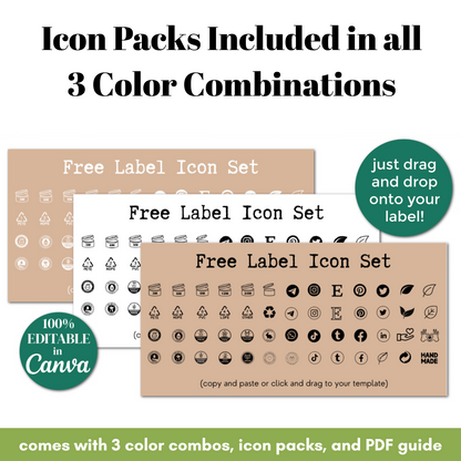 Free label icon set with three color combinations on a white background