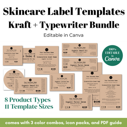 Skincare label templates with various product types and template sizes on a white background.
