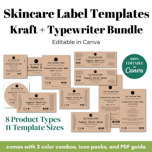 Skincare label templates with various product types and template sizes on a white background.