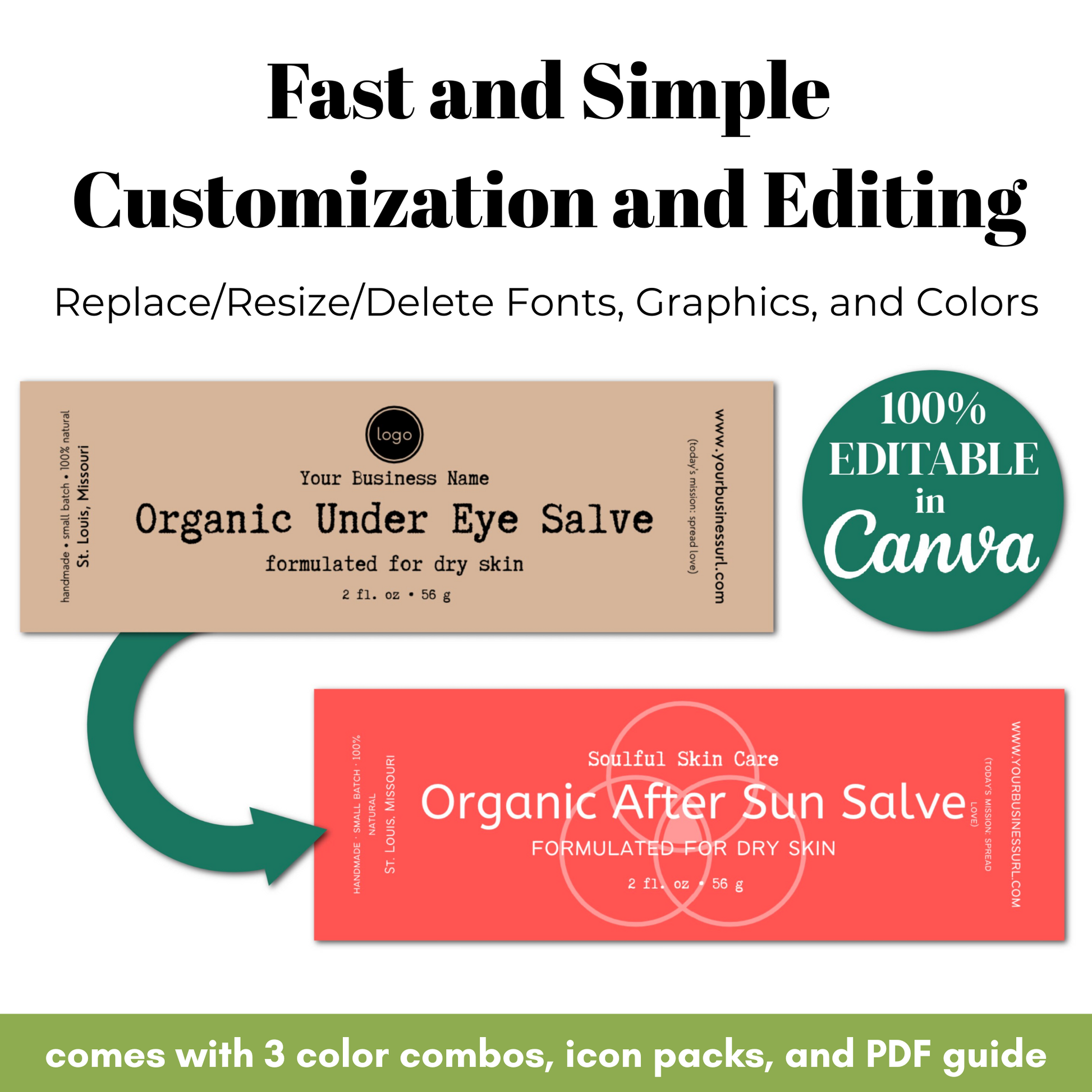 Two skincare salve labels with customization options and Canva branding.