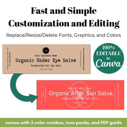 Two skincare salve labels with customization options and Canva branding.