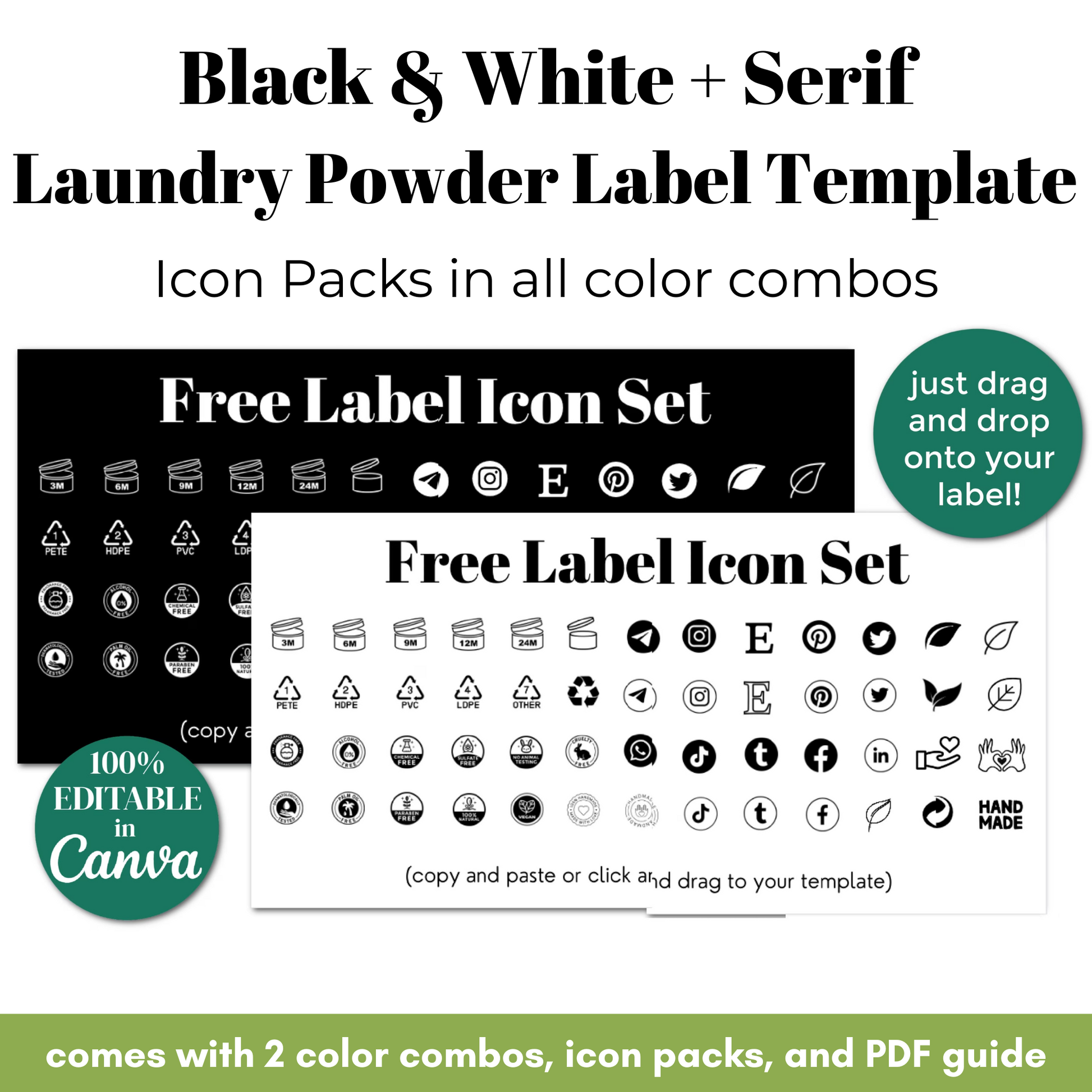Black and white laundry powder label template with icon packs and free label icon set.