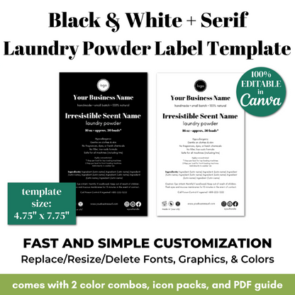 Black and white serif laundry powder label template with customization options on a white background.