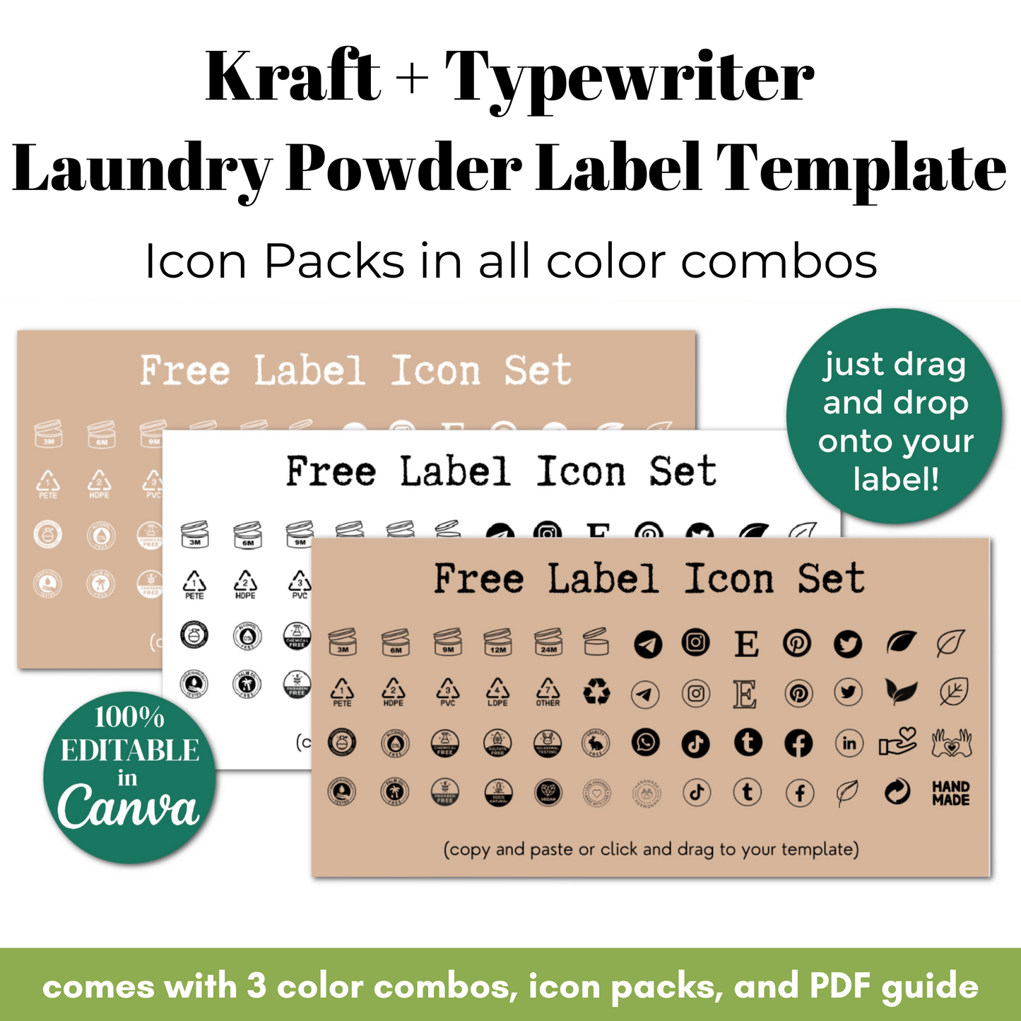 Kraft and typewriter laundry powder label template with icon packs and editable features.