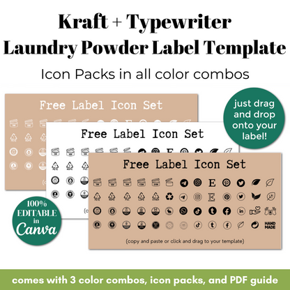 Kraft and typewriter laundry powder label template with icon packs and editable features.