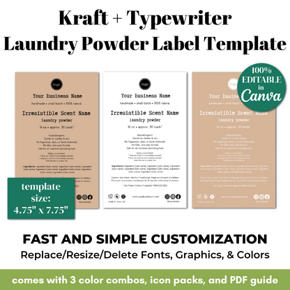 Kraft and typewriter-style laundry powder label template with customizable features on a white background.