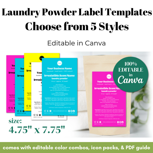 Laundry powder label templates with editable options in Canva on a white background.