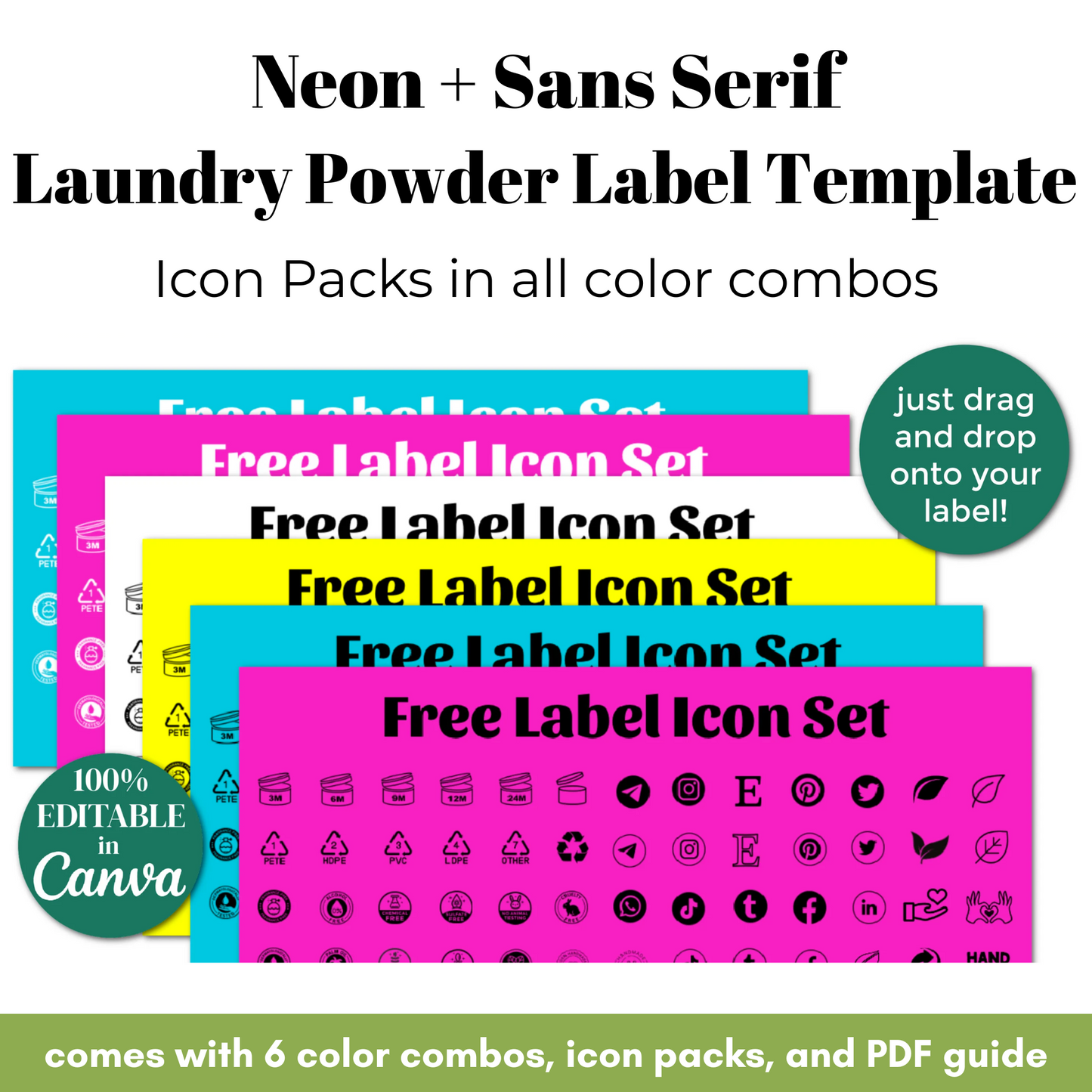 Neon and sans serif laundry powder label template with icon packs and PDF guide.