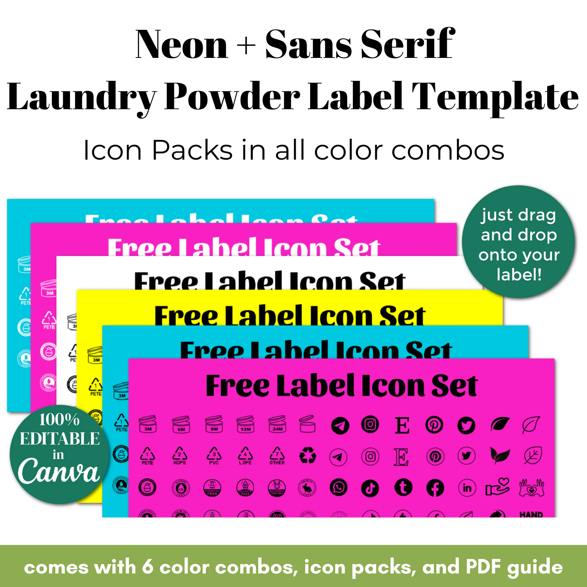 Neon and sans serif laundry powder label template with icon packs and PDF guide.