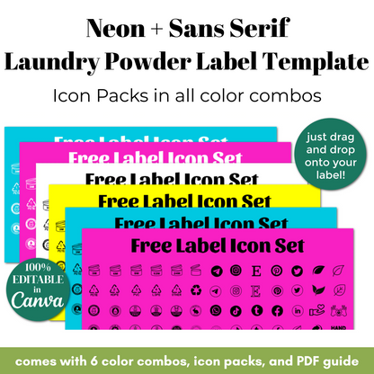 Neon and sans serif laundry powder label template with icon packs and PDF guide.
