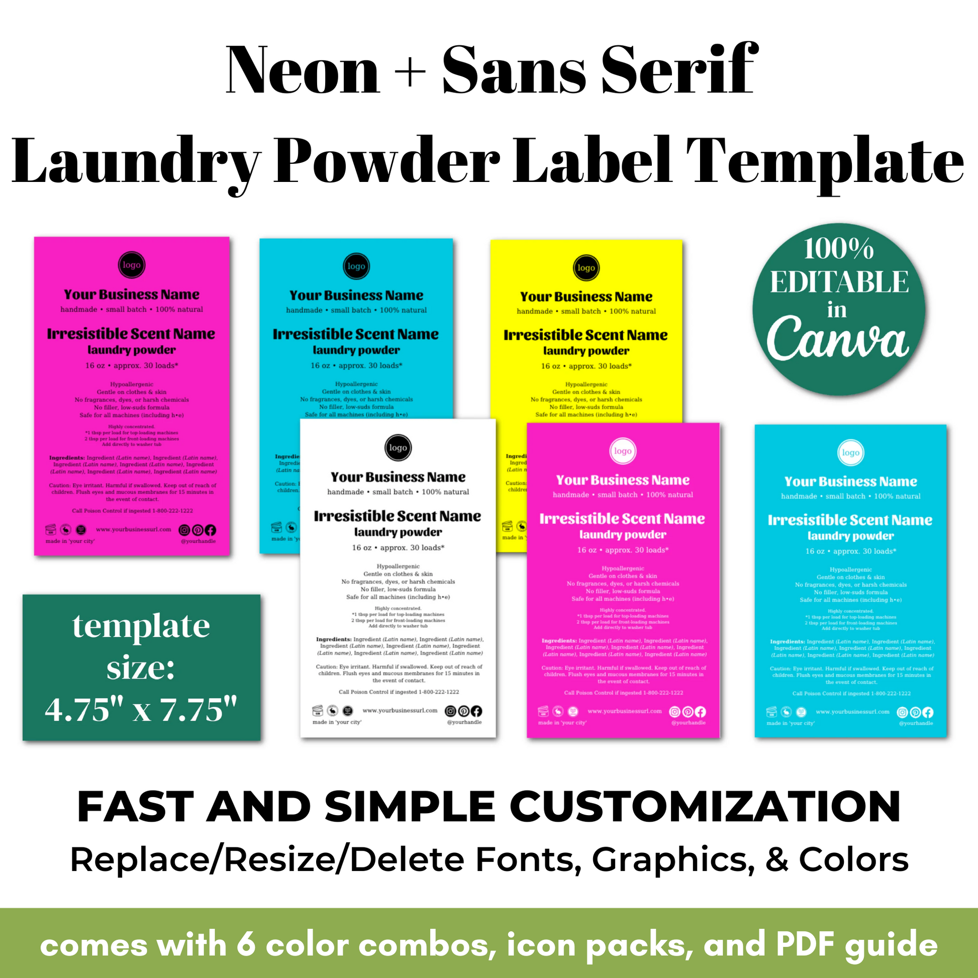 Neon + Sans Serif Laundry Powder Label Template with customizable options on a white background
