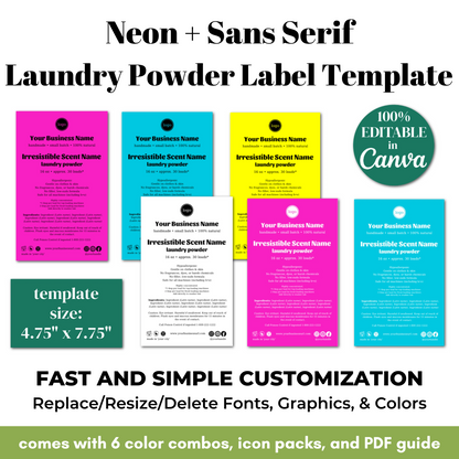 Neon + Sans Serif Laundry Powder Label Template with customizable options on a white background