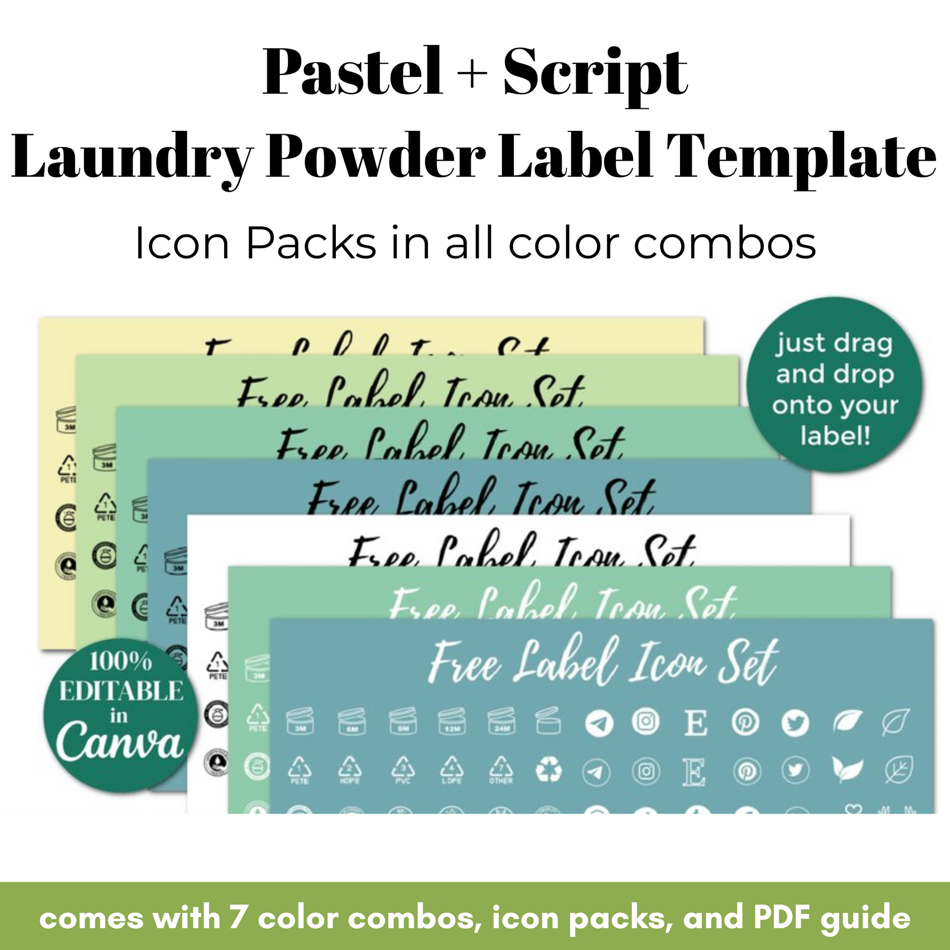 Pastel and script laundry powder label template with icon packs and PDF guide.