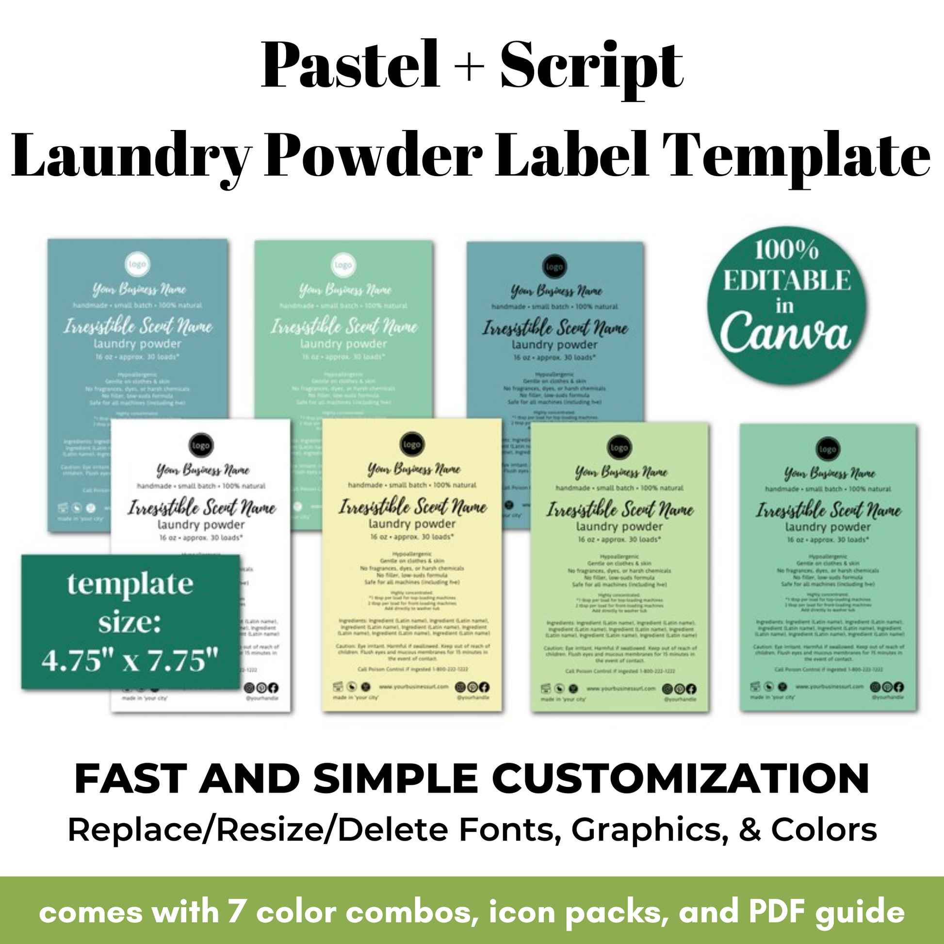 Pastel script laundry powder label template with customizable options on a white background