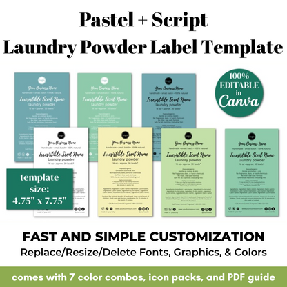 Pastel script laundry powder label template with customizable options on a white background
