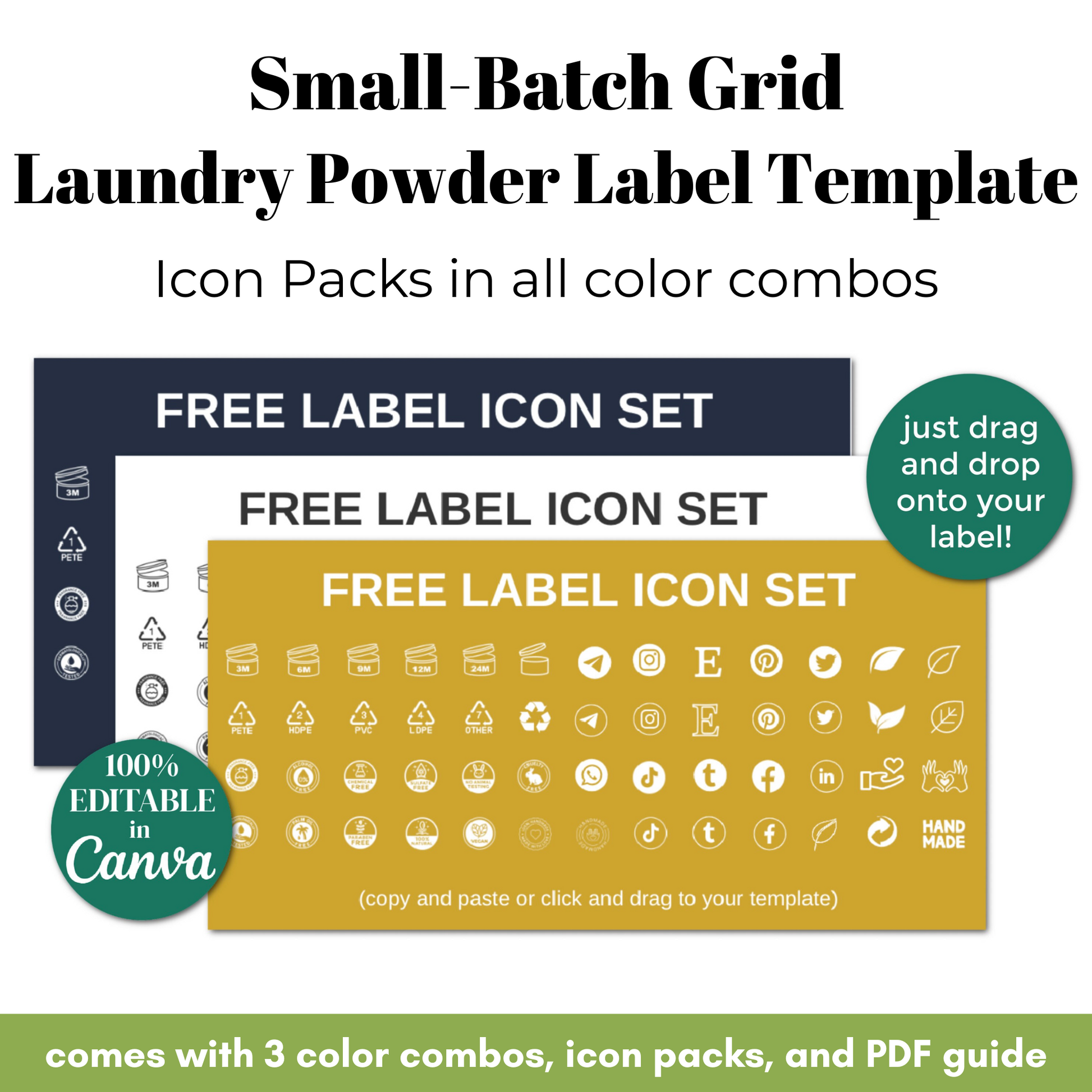 Laundry powder label template with icon packs and free label icon set on a white background