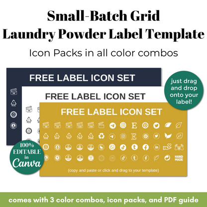 Laundry powder label template with icon packs and free label icon set on a white background