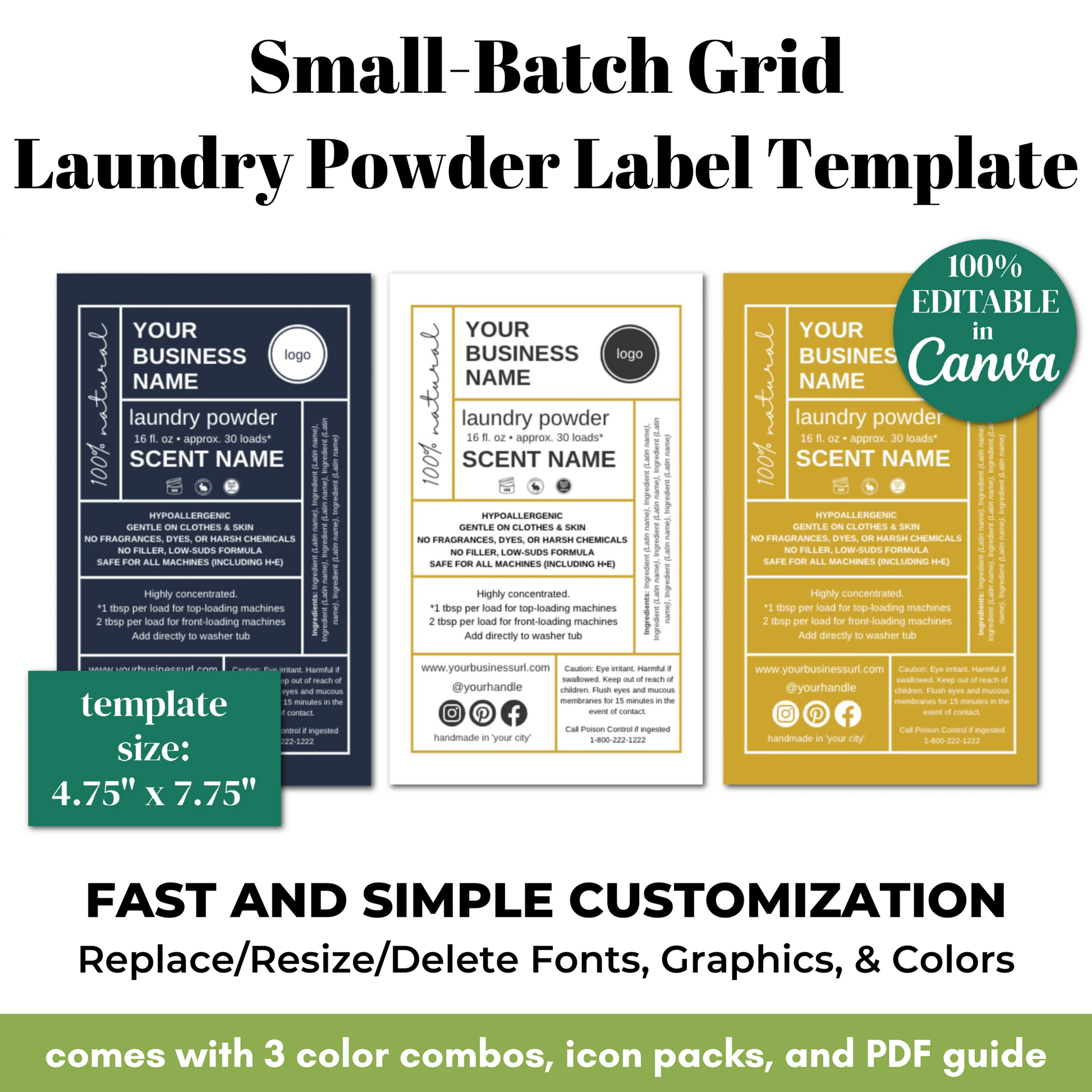 Small-Batch Grid Laundry Powder Label Template with customizable options on a white background