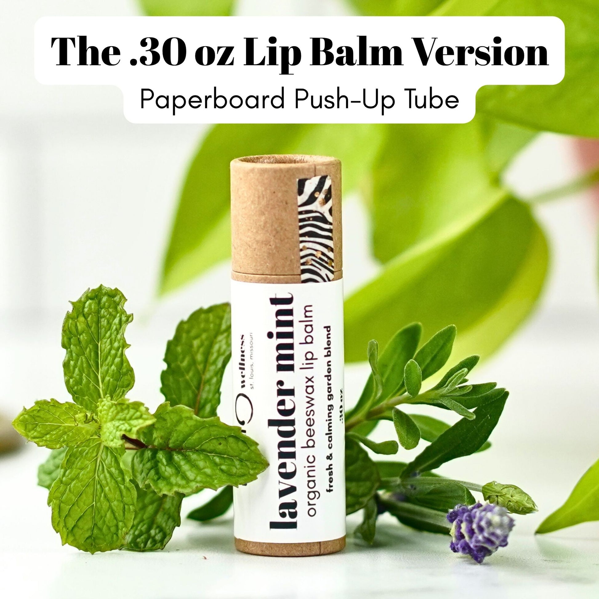 Lavender Mint Organic Beeswax Lip Balm in the .30 oz paperboard tube version.