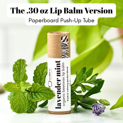 Lavender Mint Organic Beeswax Lip Balm in the .30 oz paperboard tube version.
