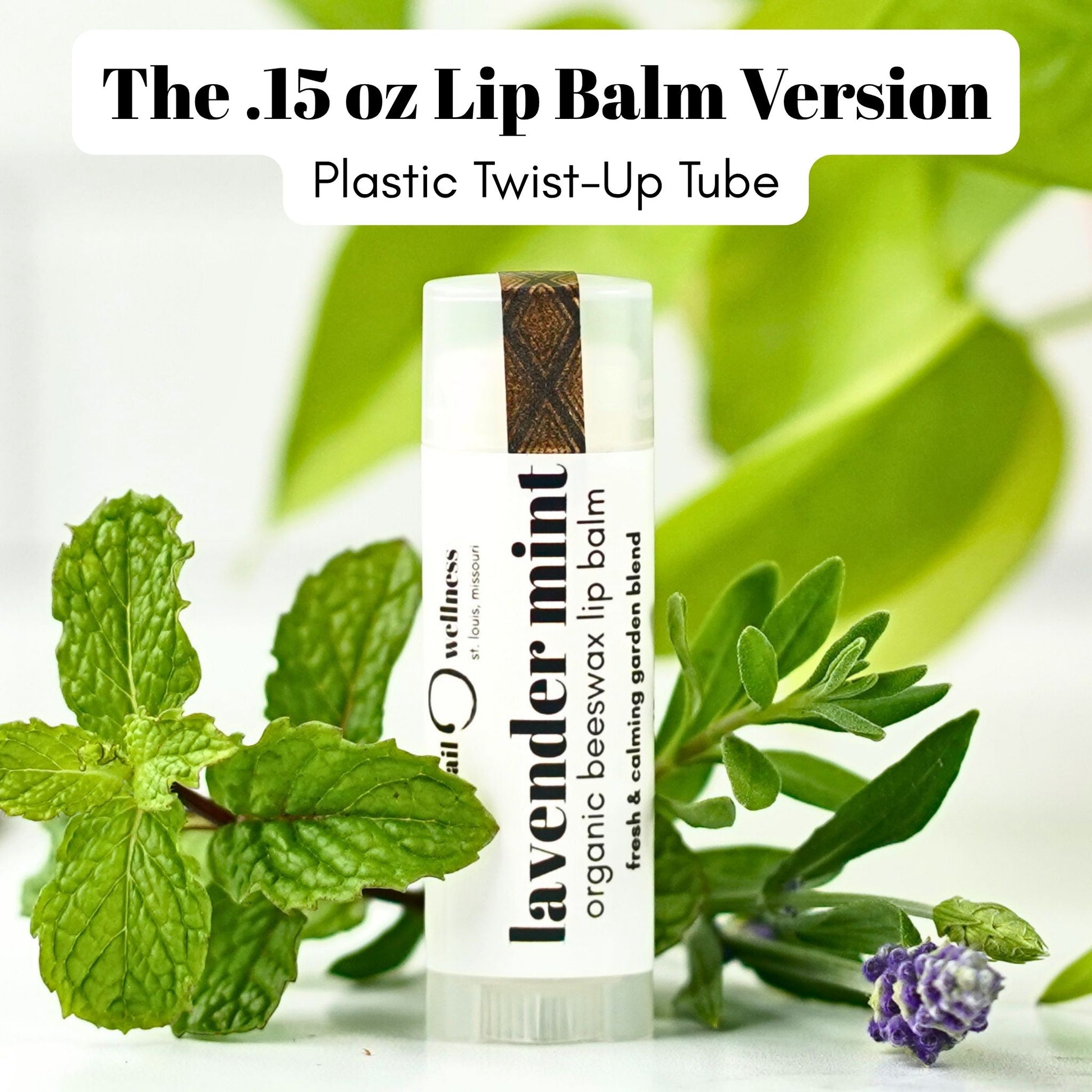 Lavender Mint Organic Beeswax Lip Balm in the .15 oz plastic tube version.