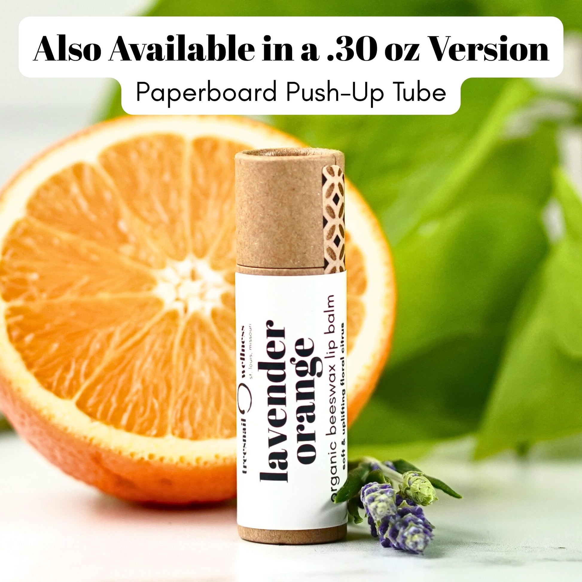 Lavender Orange eco-tube lip balm .30 oz plastic-free push-up—lavender + sweet orange, small-batch