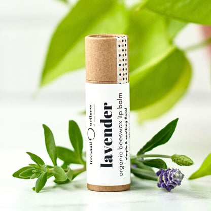 Lavender organic lip balm .30 oz plastic-free push-up—paperboard eco-tube, small-batch, Treesnail Wellness