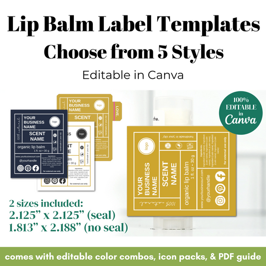 Lip balm label templates with editable options in Canva on a white background.