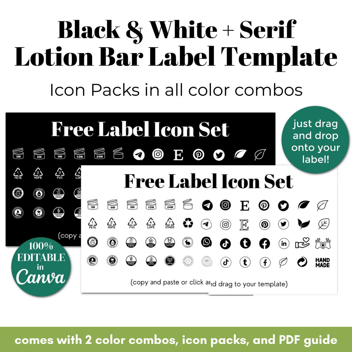 Black and white serif lotion bar label template with free icon set and editable options.