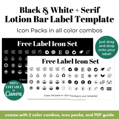 Black and white serif lotion bar label template with free icon set and editable options.