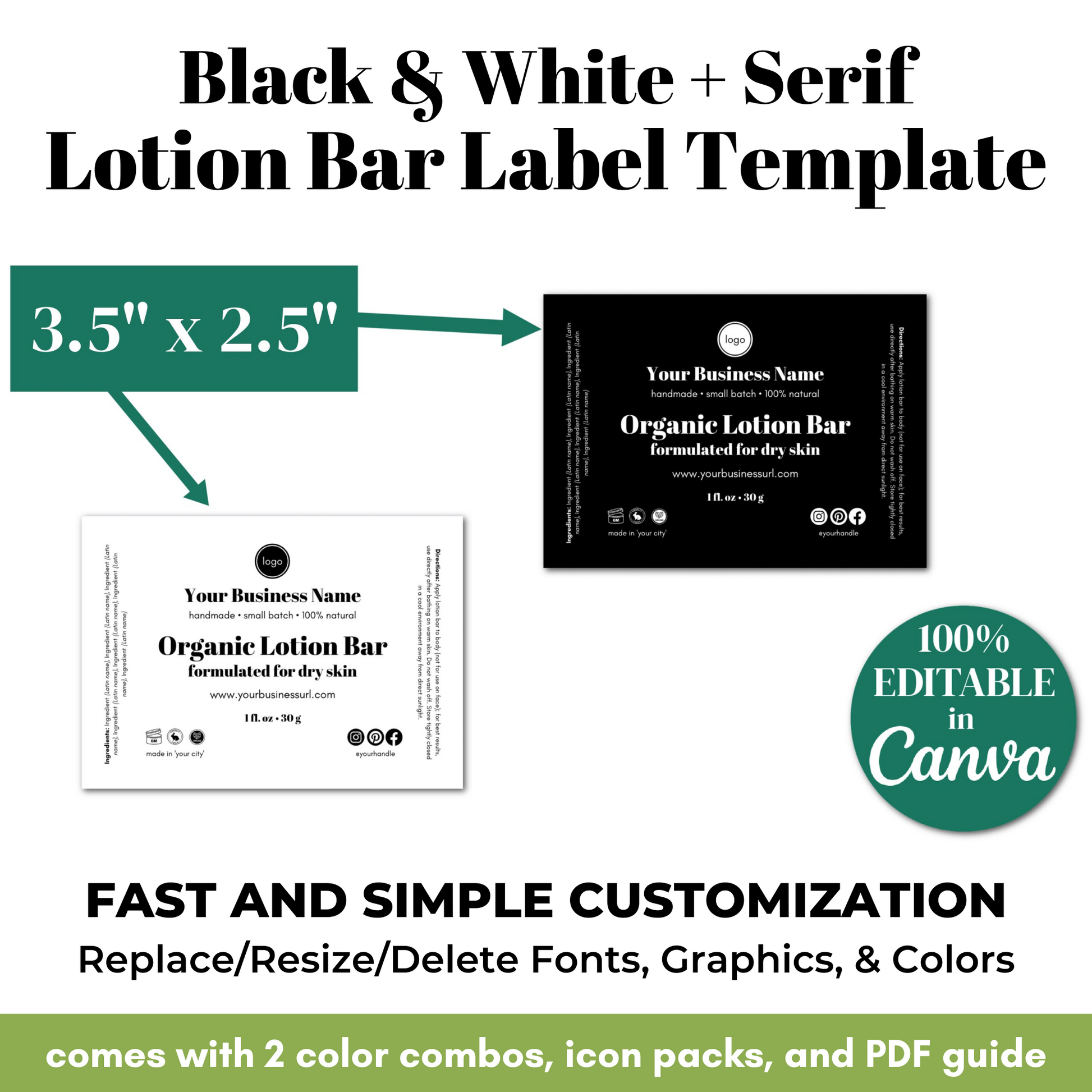 Black and white lotion bar label template with customizable features on a white background