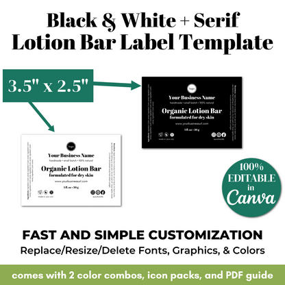 Black and white lotion bar label template with customizable features on a white background