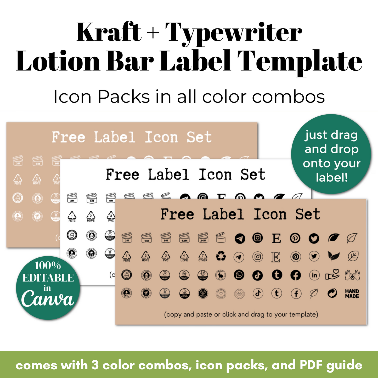 Kraft and typewriter lotion bar label template with icon packs and editable features.