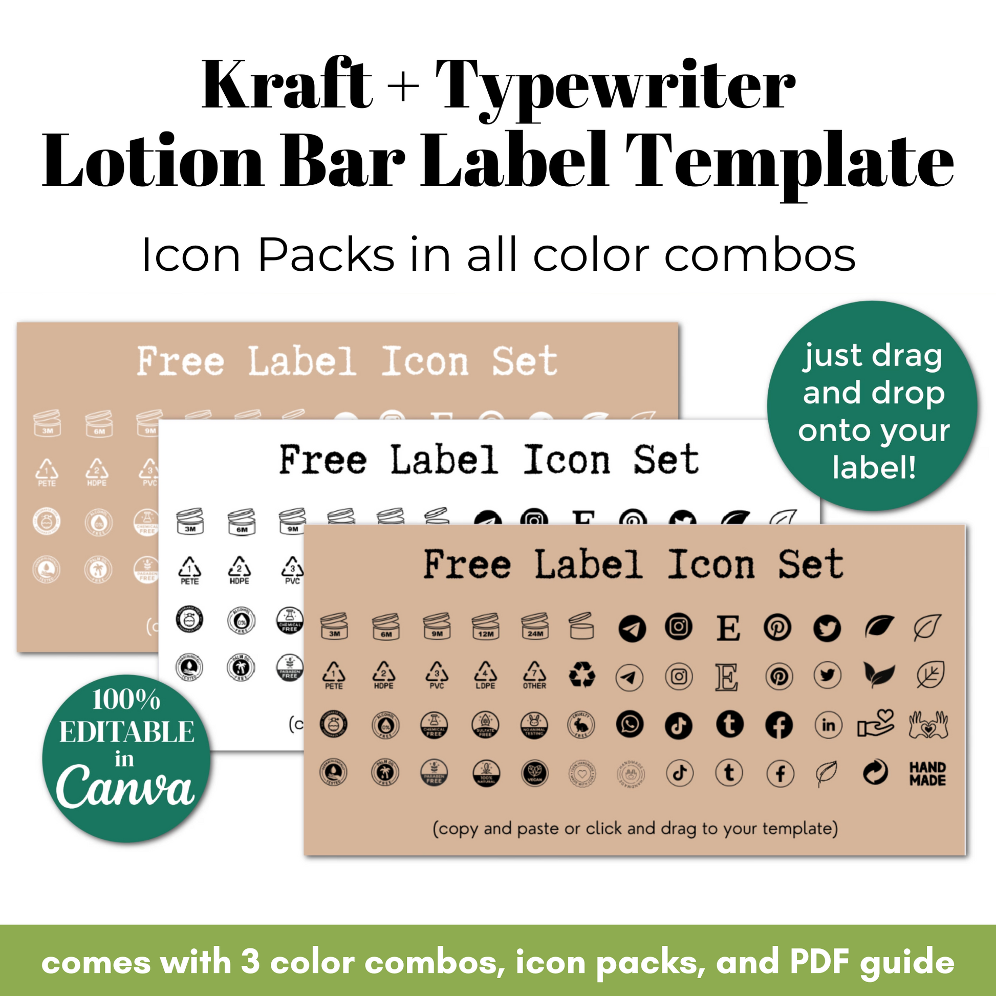 Kraft and typewriter lotion bar label template with icon packs and editable features.