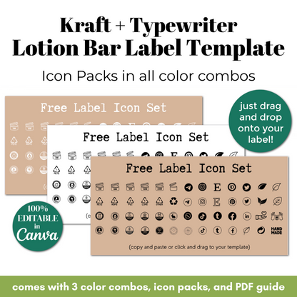 Kraft and typewriter lotion bar label template with icon packs and editable features.