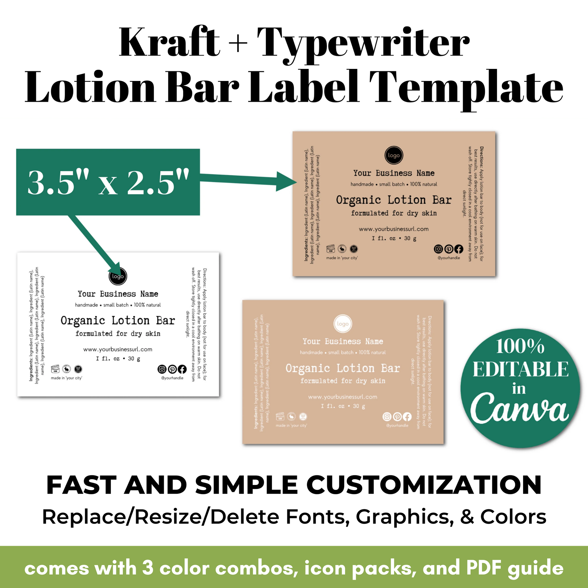 Kraft and typewriter lotion bar label template with customizable features on a white background.
