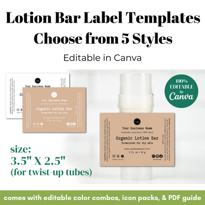 Lotion bar label templates with editable options in Canva on a white background.
