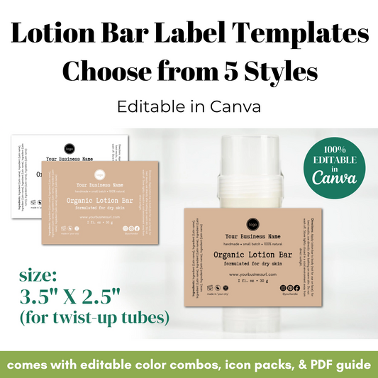 Lotion bar label templates with editable options in Canva on a white background.